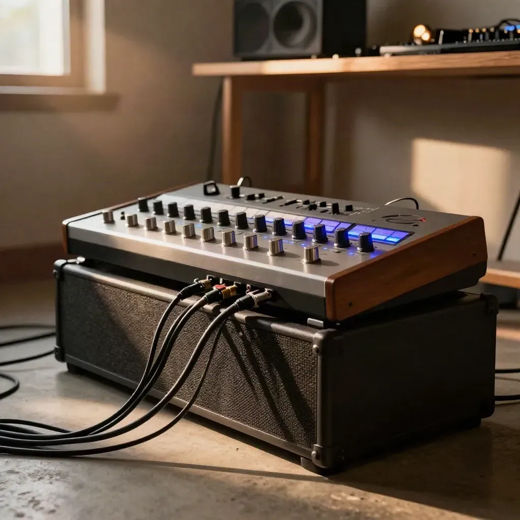 Restored drum machine, sub setup, and EQ chain glowing in a cozy studio corner