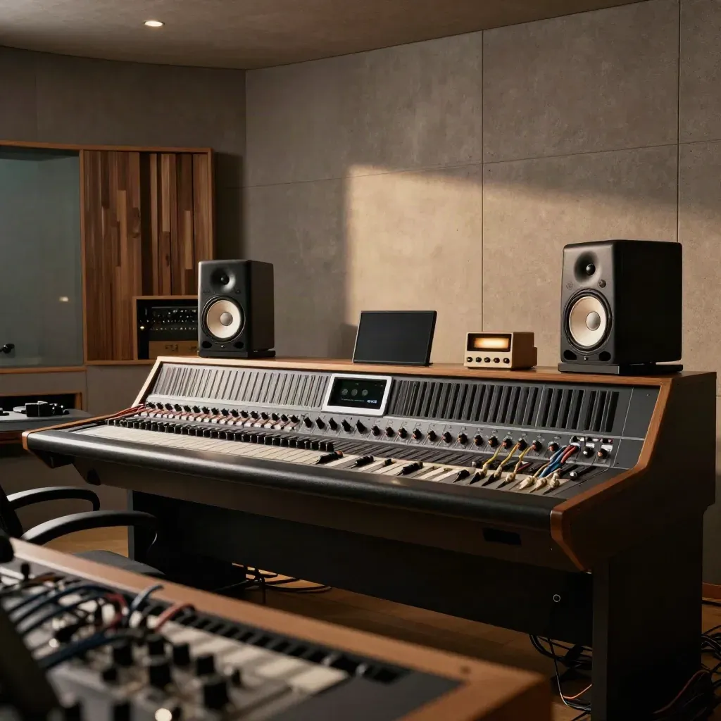 Moody control room with master chain, speakers, and silver studio gear in haze