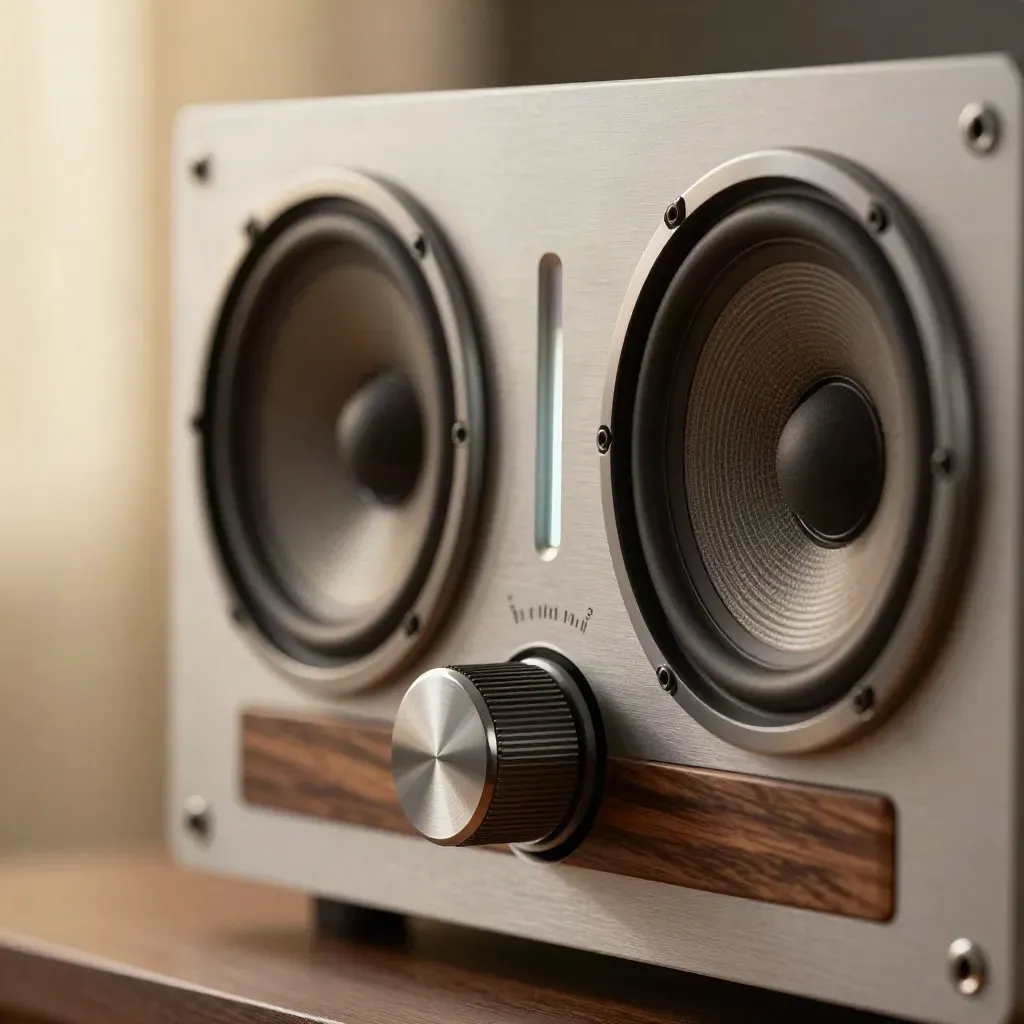 Macro of studio monitor tweeters, a compressor knob and slim meter on a walnut console.