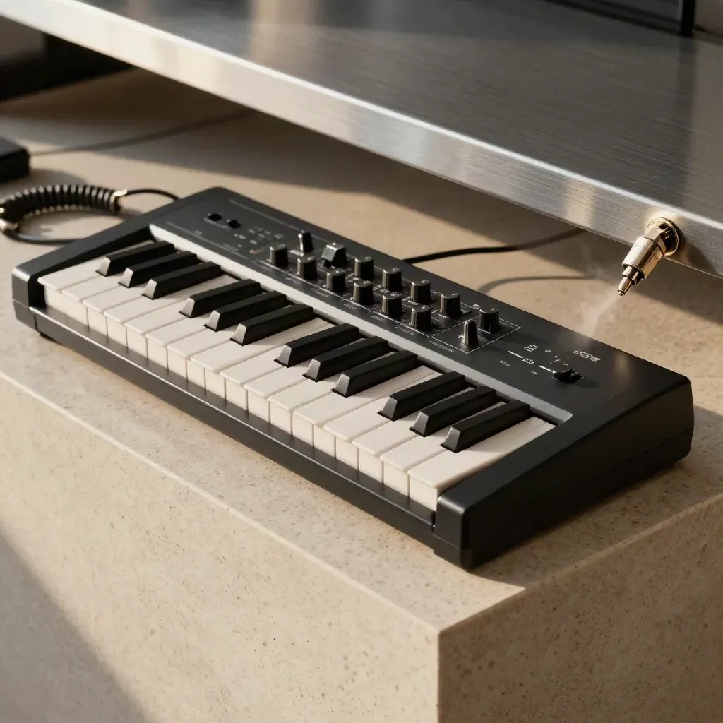 Travertine-plinth still life of a 49-key controller, synth module, and coiled patch cables in haze
