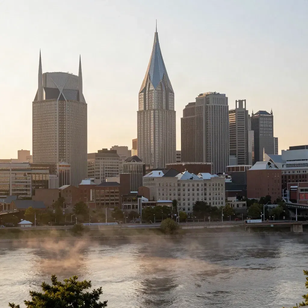 Nashville skyline at sunrise with the AT&T tower above the misty Cumberland River