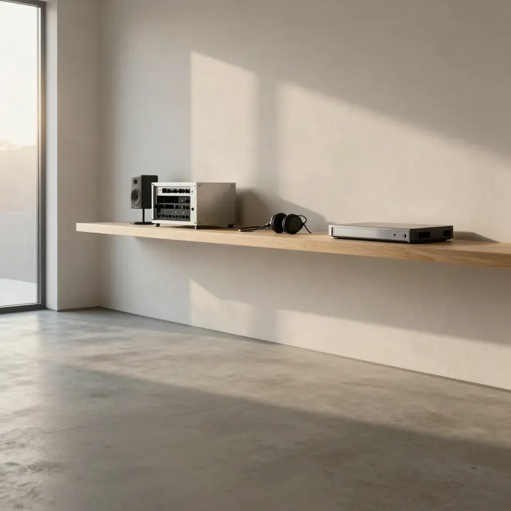 Minimal remote-production studio with glowing audio rack, pale wall and calm copy space.